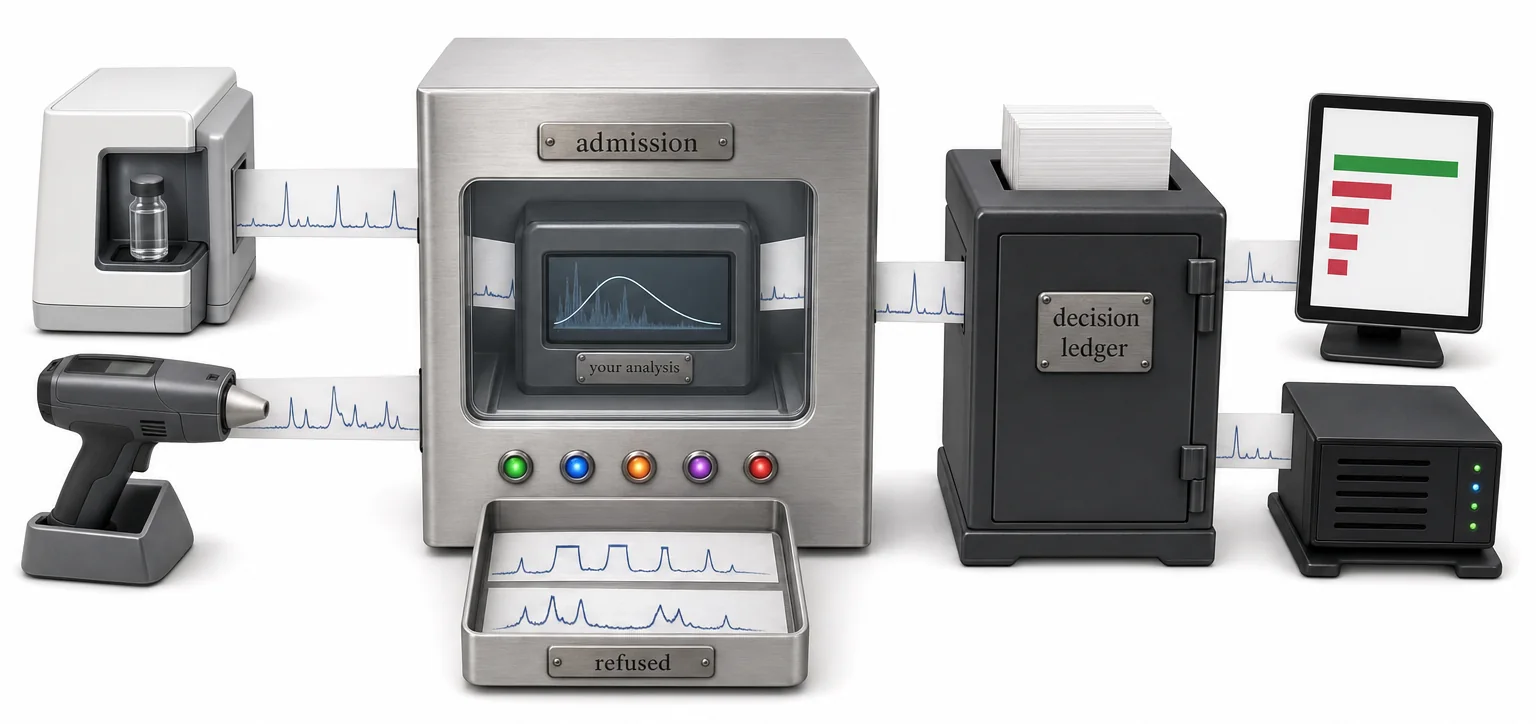Rendered illustration: a benchtop and a handheld Raman spectrometer feed paper strips of spectra into a steel admission gate; inside its window a module labeled your analysis fits a curve; below the gate a tray labeled refused holds a clipped spectrum and a spectrum of another material; one strip continues into a strongbox labeled decision ledger, and from there to a tablet showing a bar chart and to a server.